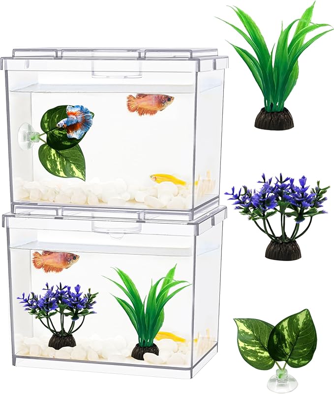 Mini Betta Fish Tank, Small Fish Bowl for Temporary Space, 0.2 Gallon Stackable Cube Tank with Artificial Plants and Gravels for Small Fish, Insect, Shrimp, Crab, Spider.(Pack-2)