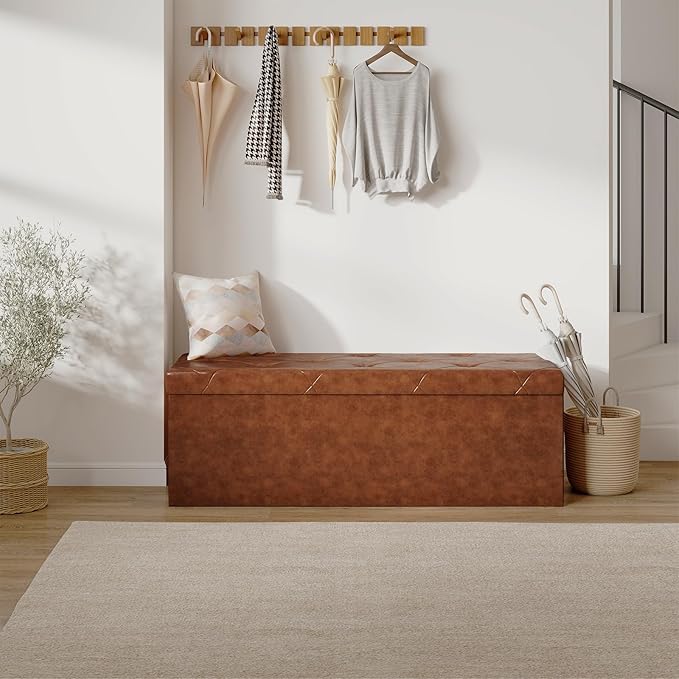 Sweetcrispy 43 Inches Folding Ottoman with Storage Bench, Foot Rest Stool, End of Bed Storage Bench Upholstered, Load 660 lbs, for Living Room, Synthetic Leather, Brown
