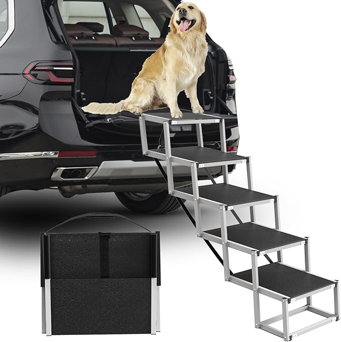 Dog Stairs for Large Dogs - 5 Step Foldable Dog Ramp for Car Non-Slip Surface Support up to 230lbs - Suitable for SUV,Truck, Sofas, Bed