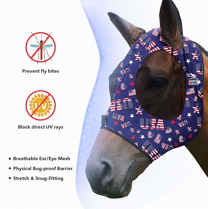 Harrison Howard Super Comfort Stretchy Fly Mask Large Eye Space with UV Protection Soft on Skin with Breathability Classic Letters M Cob