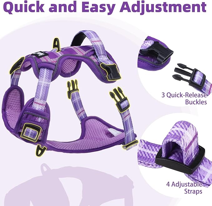 PUPTECK No Pull Dog Harness Medium Sized, Adjustable Reflective Dog Harness with Handle Easy Control, Comfortable Soft Padded Pet Vest Harness for Medium Dogs, Plaid Purple M