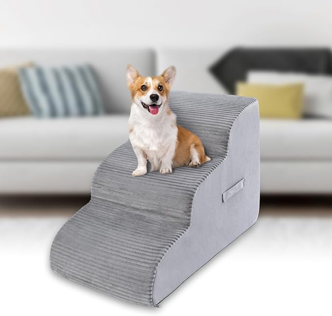 High Density Foam Dog Stairs Steps, 17.8’’ Non-Slip Extra Wide Deep Pet Steps for Beds Or Couches, for Injured or Older Pets Dogs and Cats with Joint Pain, 3-Tiers (Grey)