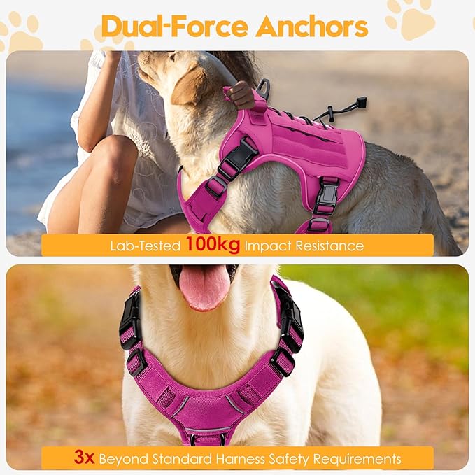 Heavy-Duty Tactical Dog Harness for Large Dogs, No Pull Adjustable Reflective Pet Vest with Molle System, K9 Military-Grade Control for Service Training, Outdoor & 10+ Breeds, Pink, Large