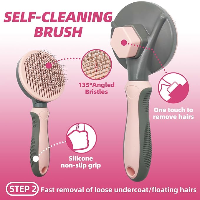 Pet Grooming Kit - 7 PCS Deshedding Brush Set with Slicker, Undercoat Rake, Bath Brush & Nail Clipper for Short & Long Haired Dogs, Cats (Pink)