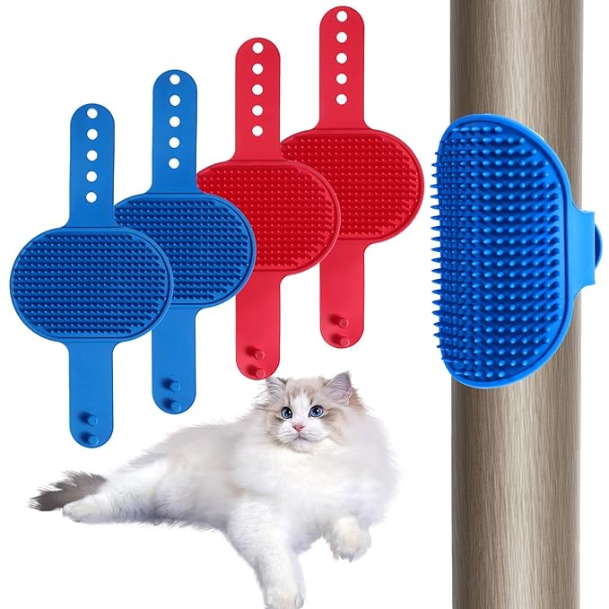 4Pcs Silicone Cat Grooming Brush Set, Multi-Functional Cat Self Groomer for Indoor Cats, Wall Mounted Face Scratchers, Grooming Strap Pad for Sofa & Chair Legs (Blue, Red)