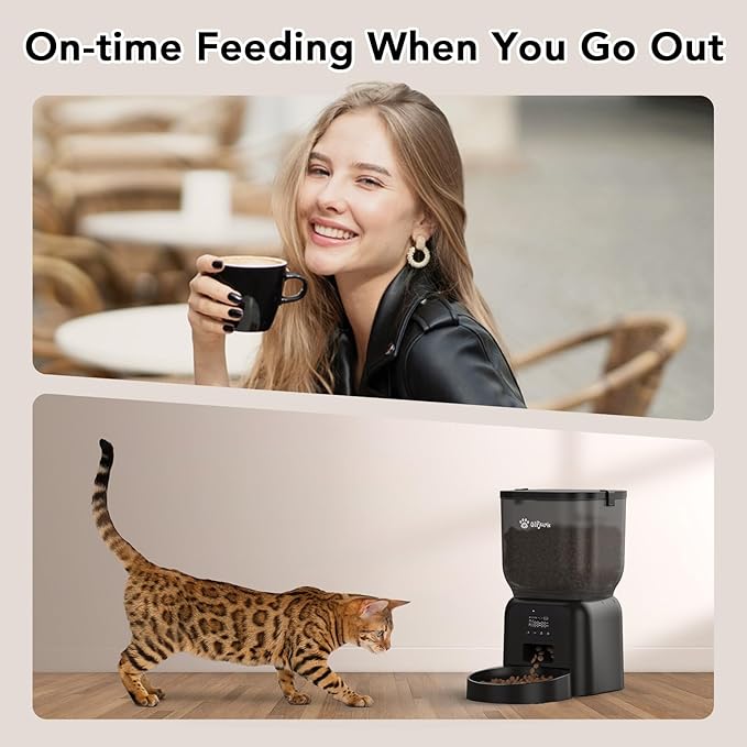 Automatic Dog & Cat Feeder with Freshness Preservation, 4L Timed Cat Feeder with LCD Screen.Up to 6 Meals Per Day and 1-15 Portion for Cats & Dog (Black)