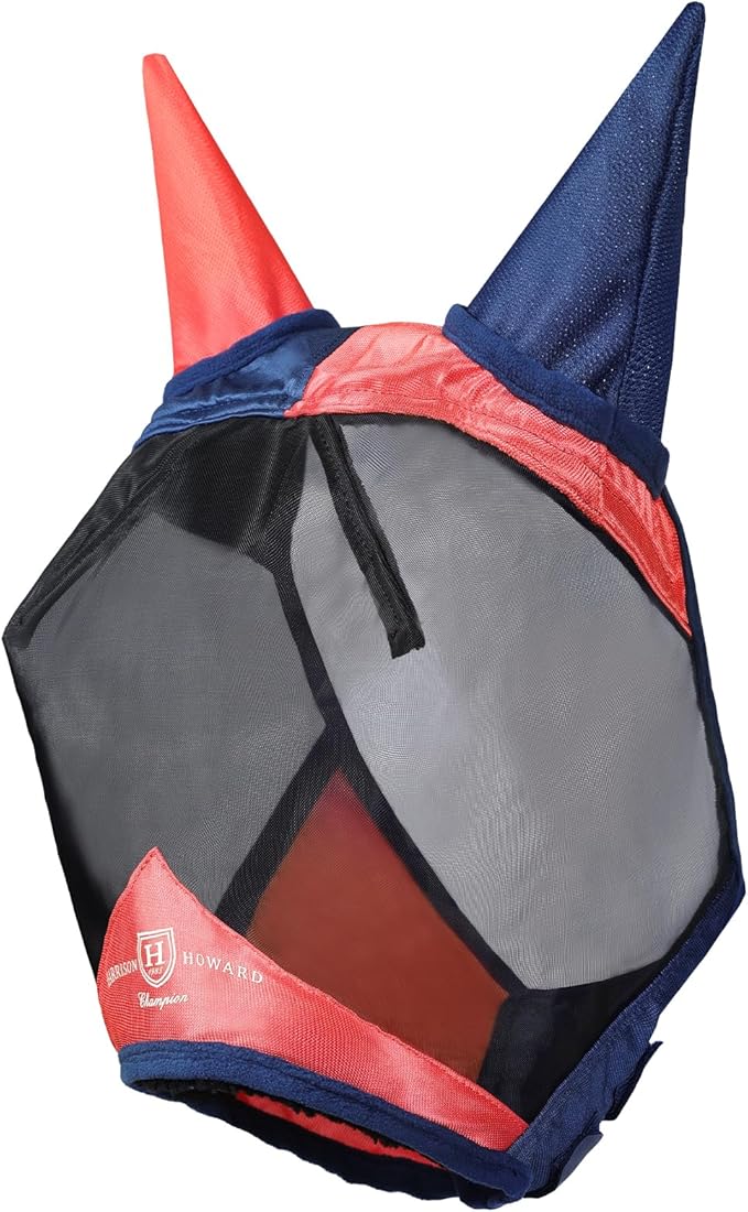 Harrison Howard Pro Luminous Horse Fly Mask Large Eye Space Half Face with Ears UV Protection for Horse Coral Orange/Navy S
