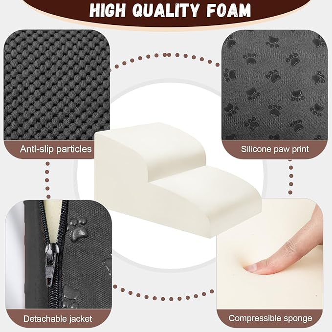 Dog Stairs for Small Dogs - High Density Foam Pet Steps, Extra Wide Dog Ramp with Non-Slip Bottom for High Beds, Couch and Sofa, Best for Dogs Injured, Older Doggy Cats,2 Steps, Black