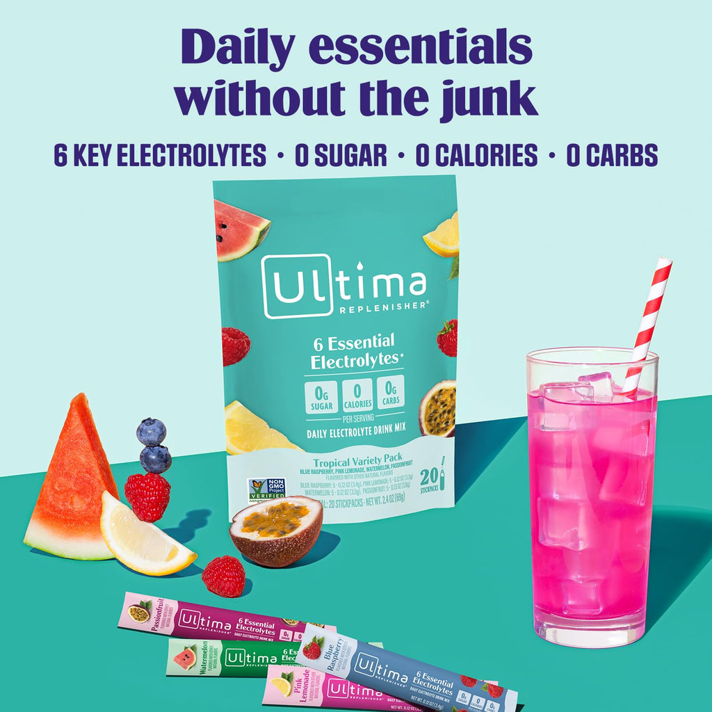 Ultima Replenisher Daily Electrolyte Powder – Original Variety Pack, 20 Stickpacks – Zero Sugar Hydration Packets with 6 Electrolytes and Minerals – Sugar Free, Plant Based & Keto Friendly Drink Mix