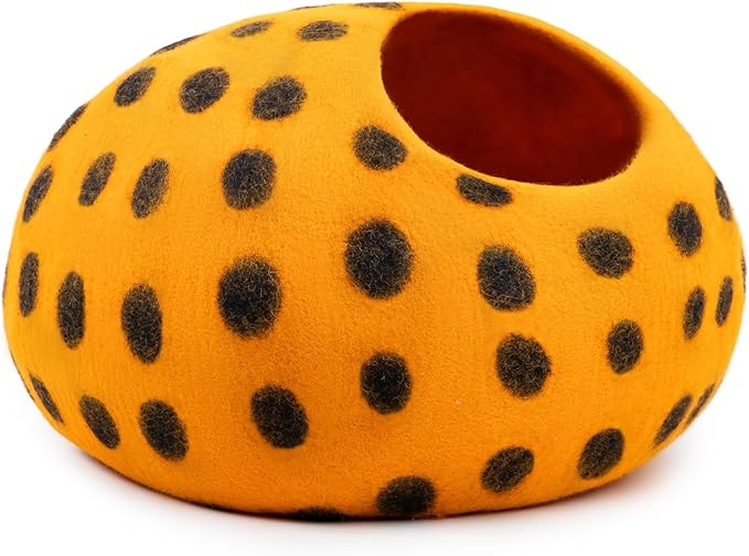 Woolygon Premium Felt Cat Cave Bed - Polka Dot Series - Wool Kitty Beds Handcrafted Kitten Caves Bed for Indoor Cats - Eco-Friendly Merino Wool, Foldable Cat Hideaway Cat Houses (Orange/Black Dots)
