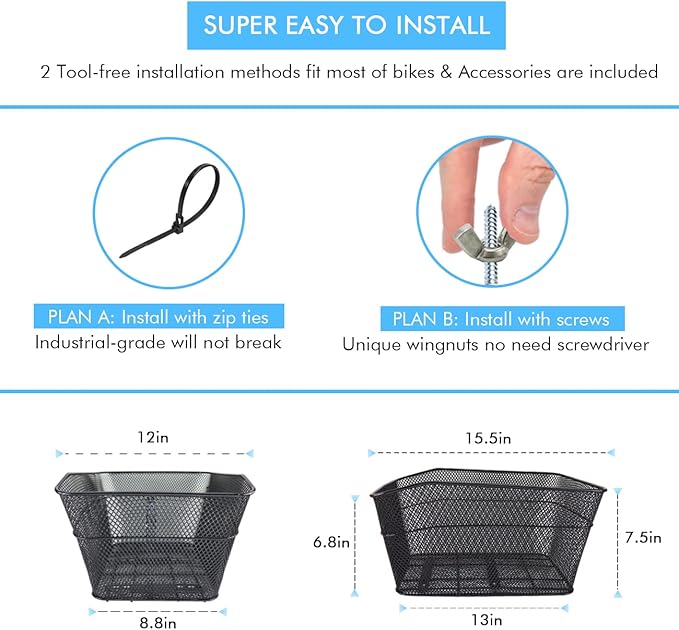 Rear Bike Basket, Tool-Free Install, Dog/Pet Carrier, Ebike Electric Bicycle Back Cargo Basket, Fits Most Rear Racks, with Waterproof Cover, Cargo Net