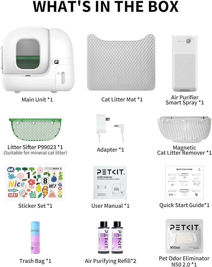 PETKIT PuraMax 2 Automatic Self Cleaning Litter Box, Anti-Leakage Multi-Cat Compatible Smart Cats Litter Box, Safety Sensors App Control Include Triple Odor Removal Litter Mat Trash Bags