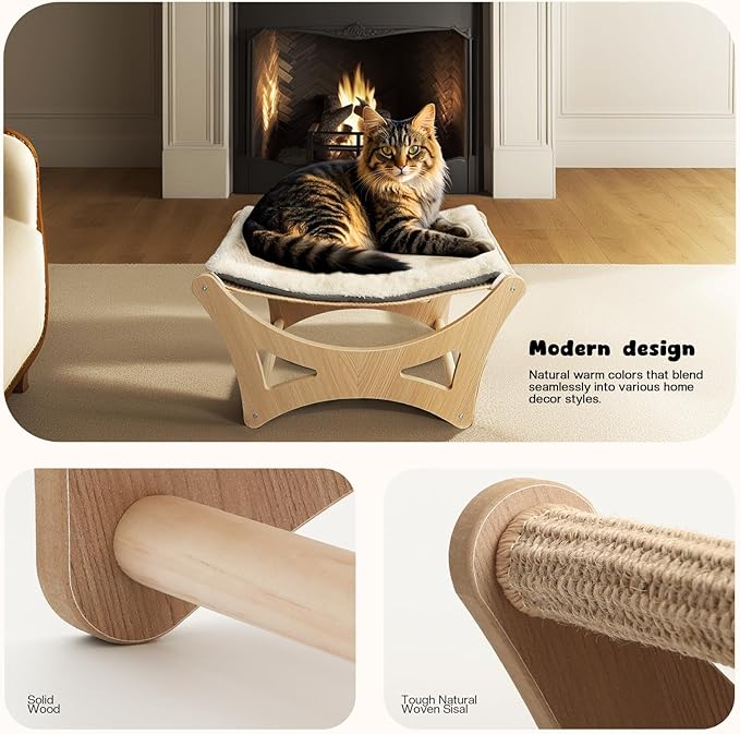 Cat Hammock Bed, Wooden Elevated Cat Beds with Natural Sisal Scratching Mat, Cats Scratcher Bed with Removable Soft Cushion, Cats Scratching Beds with Wood Frames, 22" L x 17.7" W