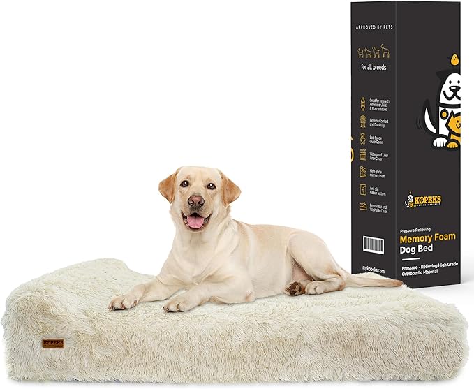 KOPEKS Orthopedic Memory Foam Dog Bed 7" Inch Thick Extra Large Dog Bed with Pillow Fluffy Brown 50"x34"x10" Includes Waterproof Liner & Durable Removable Cover with Smart Design