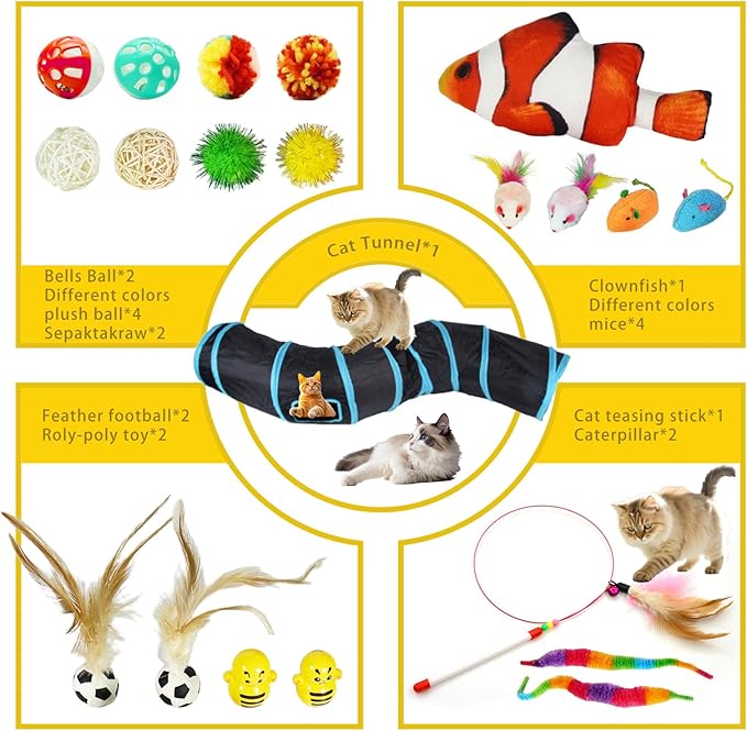 21-Piece Cat Toys Set, Interactive Tunnel, Balls, Mice, Feather Wands, Catnip Toys(Black Tunnel)