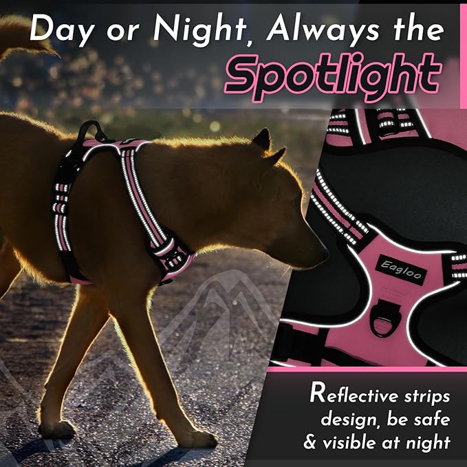 Eagloo Dog Harness Small Sized Dog, No Pull Service Vest with Reflective Strips and Control Handle, Adjustable and Comfortable for Easy Walking, No Choke Pet Harness with 2 Metal Rings, Pink, S