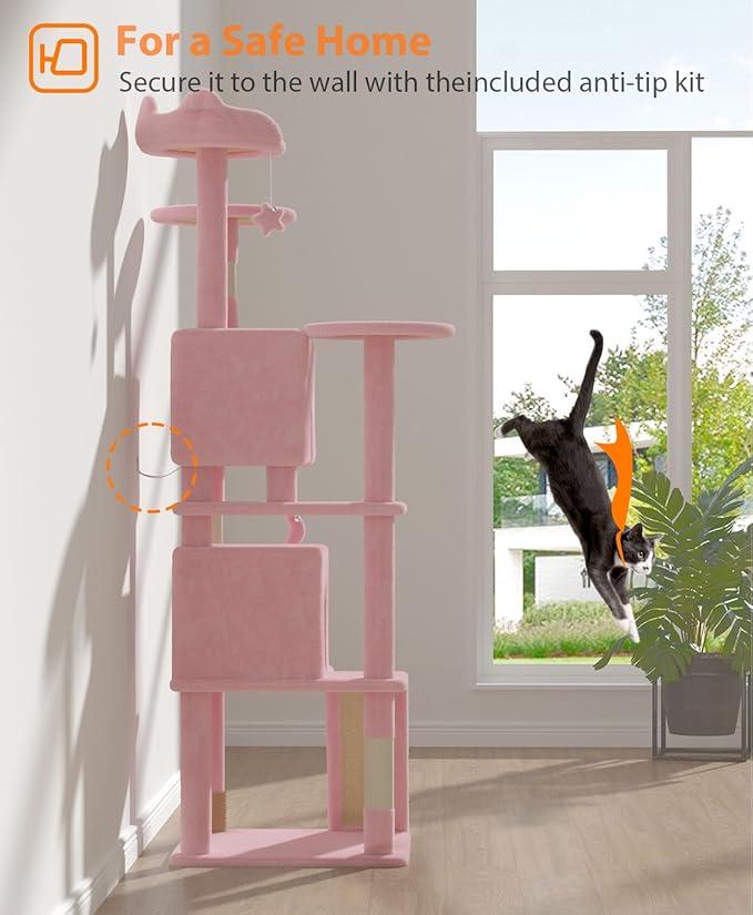 70'' Cat Tree Tower for Indoor Cats Large Adult,Cute/Tall Modern Cat Tree for Big Cats 20 lbs,Plush Multi-Level Cat Condo with Scratching Posts,Dangling Ball for Fun Play(Soft Pink, 70 inch)