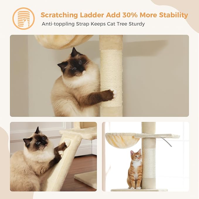 PEQULTI Floor to Ceiling Cat Tree, Tall Cat Tower, Adjustable Height (83''-108'') 5 Levels Climbing Tree for Indoor Cats with Cat Condo, Cozy Hammock and Scratching Post, Beige