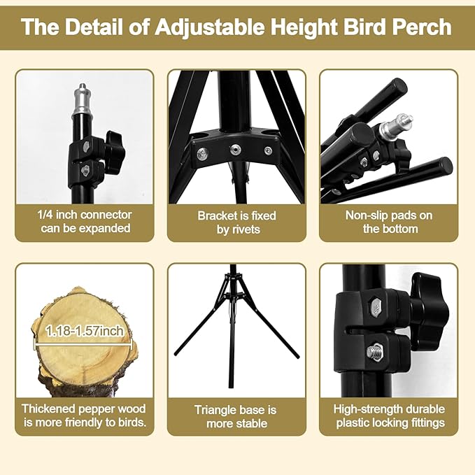 16-63 Inch Height Adjustable Bird Perch Pepper Wood Bird Training Perch Stand Parakeet Perches Indoor and Outdoor Parrot Stands for Small to Medium Bird