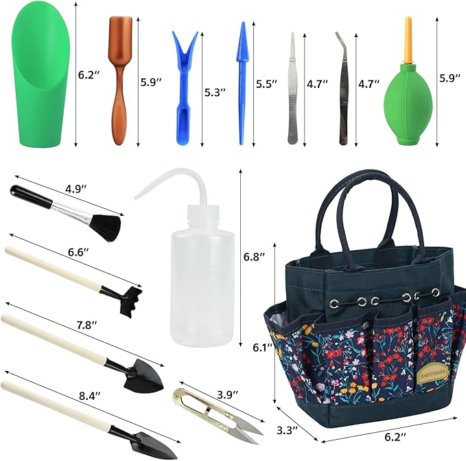 Succulent Tools Kit with Organizer Bag- 13Pcs Indoor Gardening Tools |Mini Succulent Hand Tools with Tote, Succulent Transplanting Supplies, Present for Gardeners Plant Care (Navyblue) ﻿