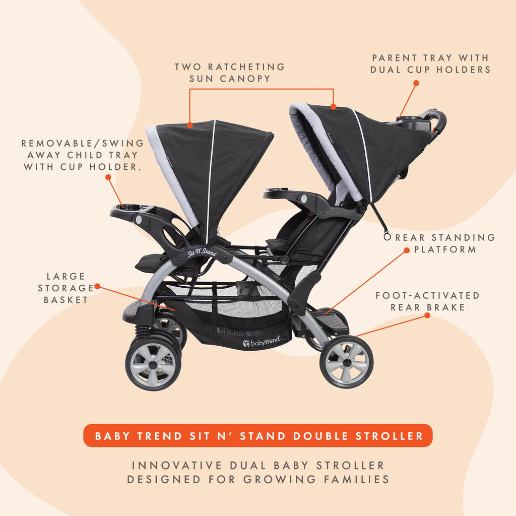 Baby Trend Double Infant and Toddler Stroller w/ Harness and Basket, Sit N' Stand, Stormy - Convertible Twin and Tandem Strollers for Babies