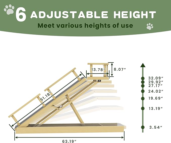6 Level Height Adjustable Dog Ramp for Bed, Couch 65" Foldable Pet Ramp with Non-Slip Mat，DIY Glow Strips & Rest Platform Heavy Duty Dog Stairs for Large Dogs up to 200Lbs ，Wood Color