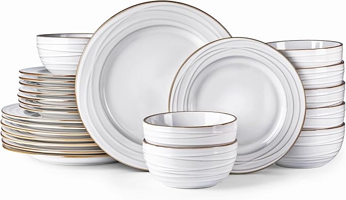 GBHOME Ceramic Dinnerware Sets, 24 pcs Embossed Elegant Stoneware Plates and Bowls Sets, Housewarming Wedding Gift | Dishwasher & Microwave Safe | Dishes Set Service for 8