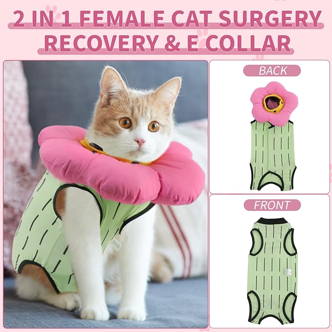 EMUST 2PCS Cat Recovery Suit and Cone Collar - Breathable Spay Suit, Adjustable Soft E Collar Alternative for Cats After Surgery - Green, L (8-16lb)
