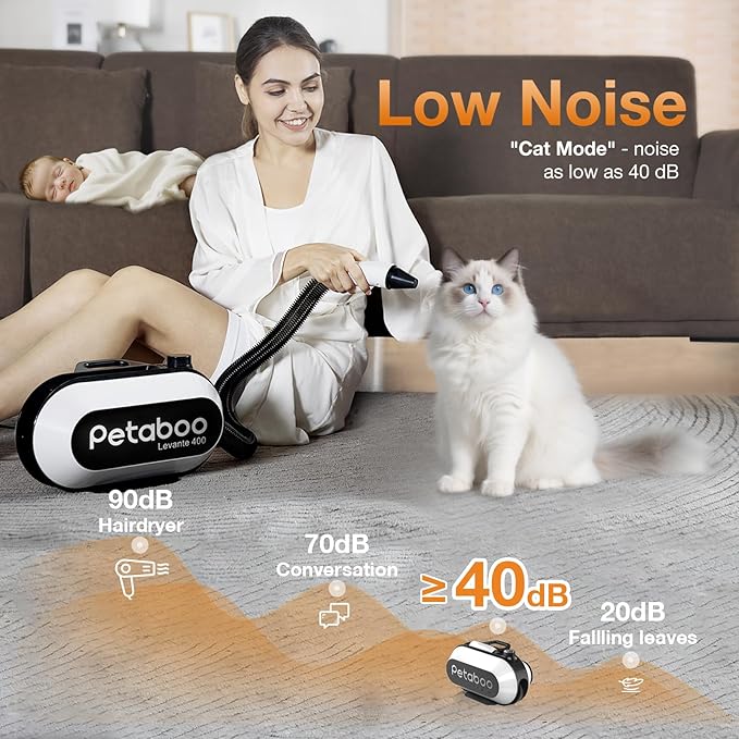 Dog Blow Dryer - Ultra-Quiet 40dB Cat Mode, 3-in-1 Nozzles & Adjustable Speed/Temp, Negative Ion Technology, BLDC Motor for Fast Drying, Portable & All-in-One Storage for Dogs & Cats