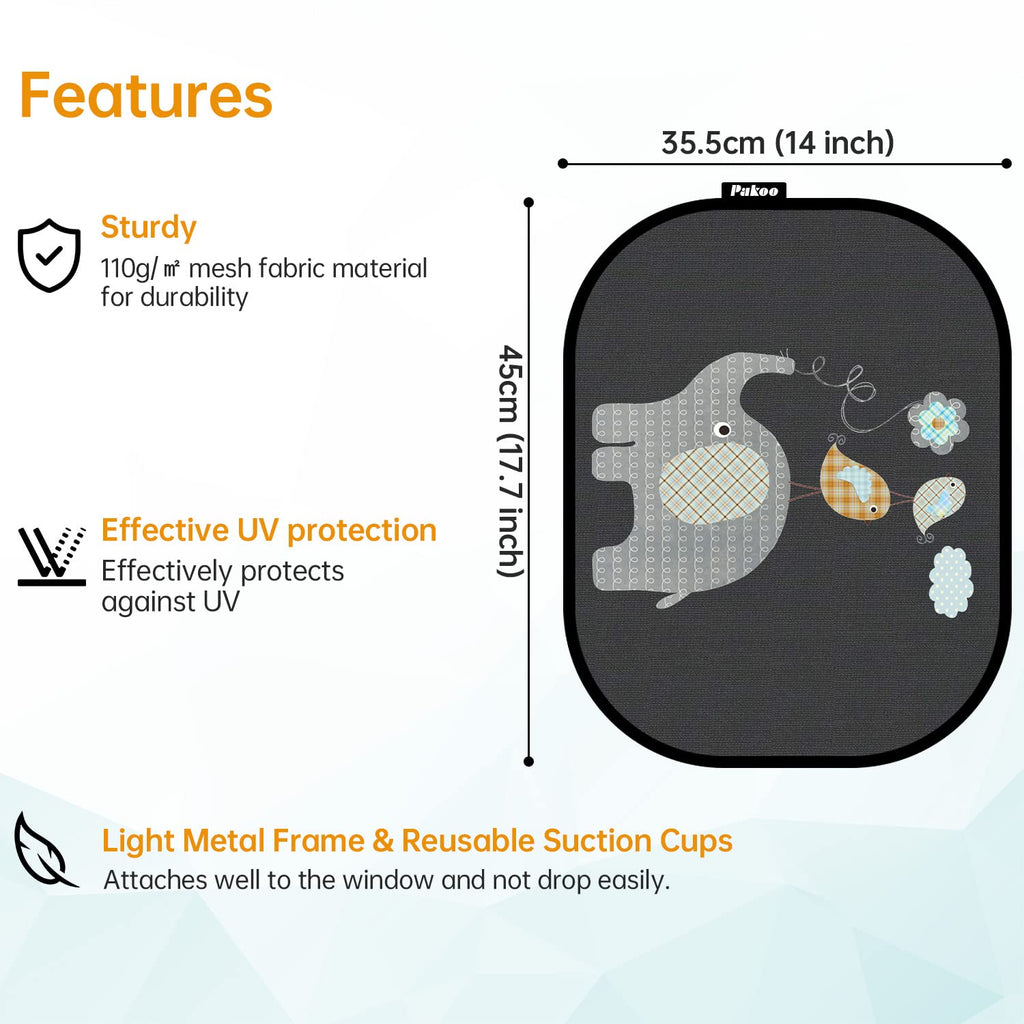 Pakoo Car Sun Shade for Baby with UV Protection, 2 Pack UV Protection Breathable Car Window Sun Shade for Children with Cute Animal Motifs, 17.7 x 14 inches Sun Shades with 8 Cups