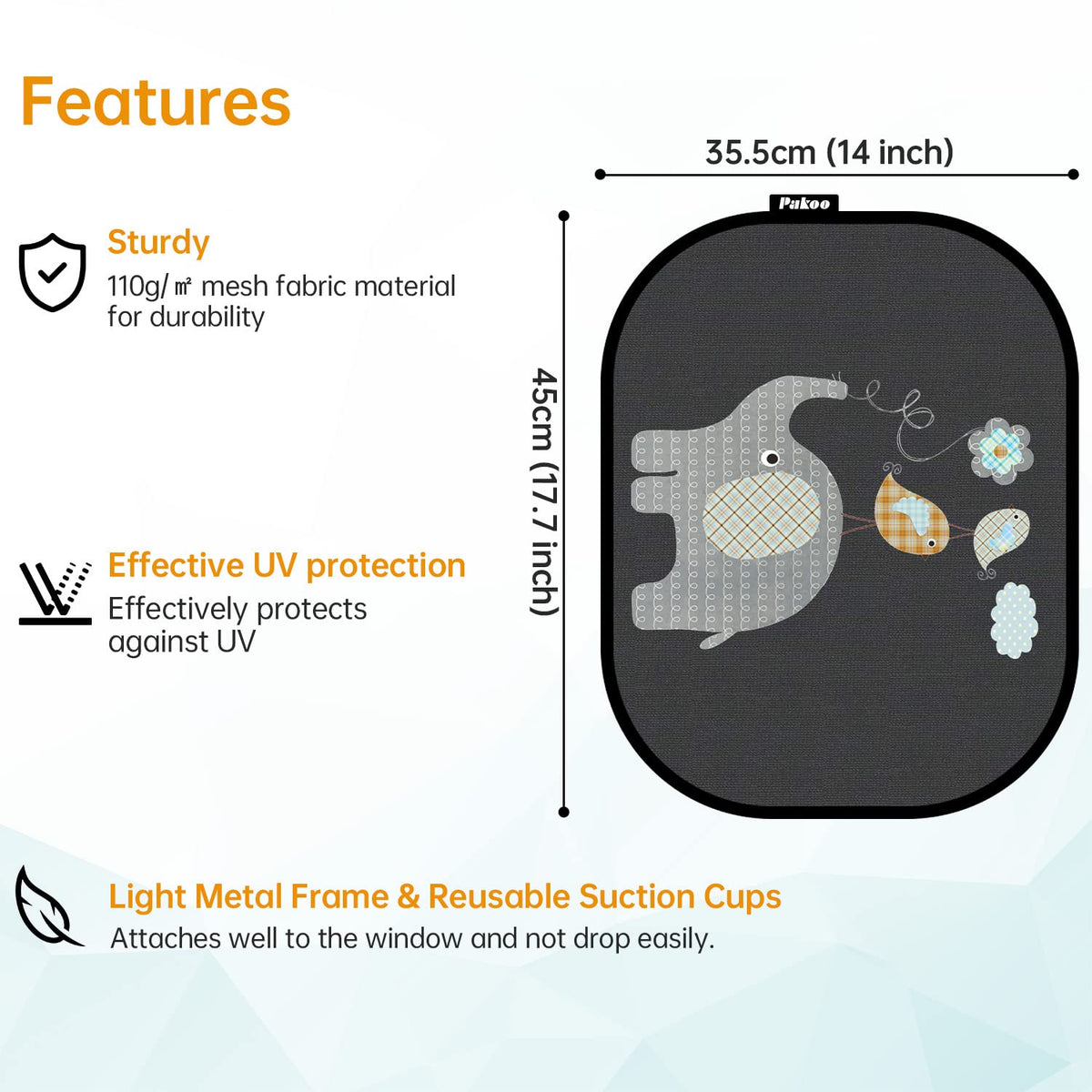 Pakoo Car Sun Shade for Baby with UV Protection, 2 Pack UV Protection Breathable Car Window Sun Shade for Children with Cute Animal Motifs, 17.7 x 14 inches Sun Shades with 8 Cups