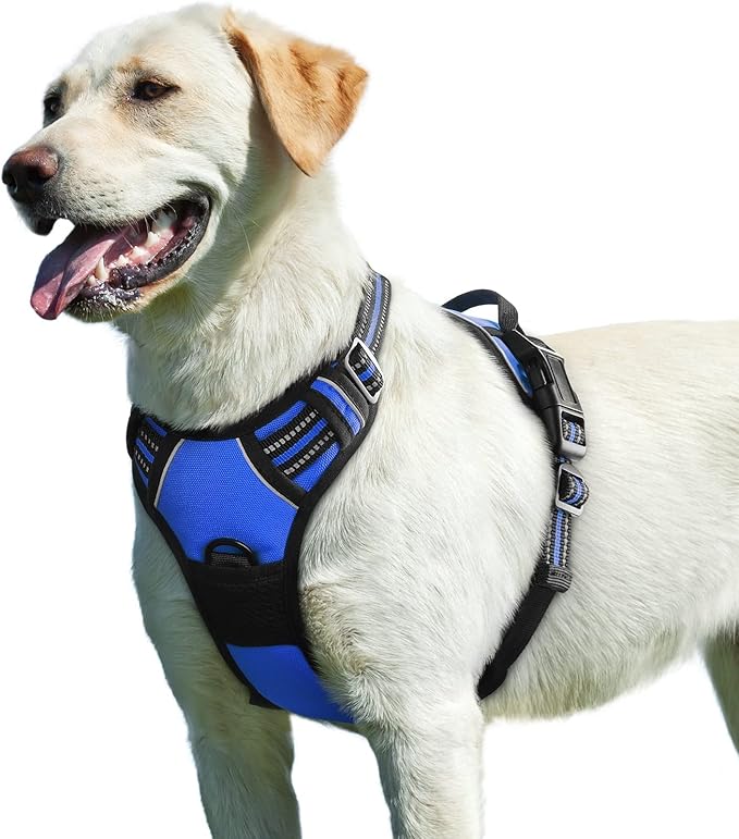 Eagloo Dog Harness for Large Dogs, No Pull Service Vest with Reflective Strips and Control Handle, Adjustable and Comfortable for Easy Walking, No Choke Pet Harness with 2 Metal Rings, Blue, L
