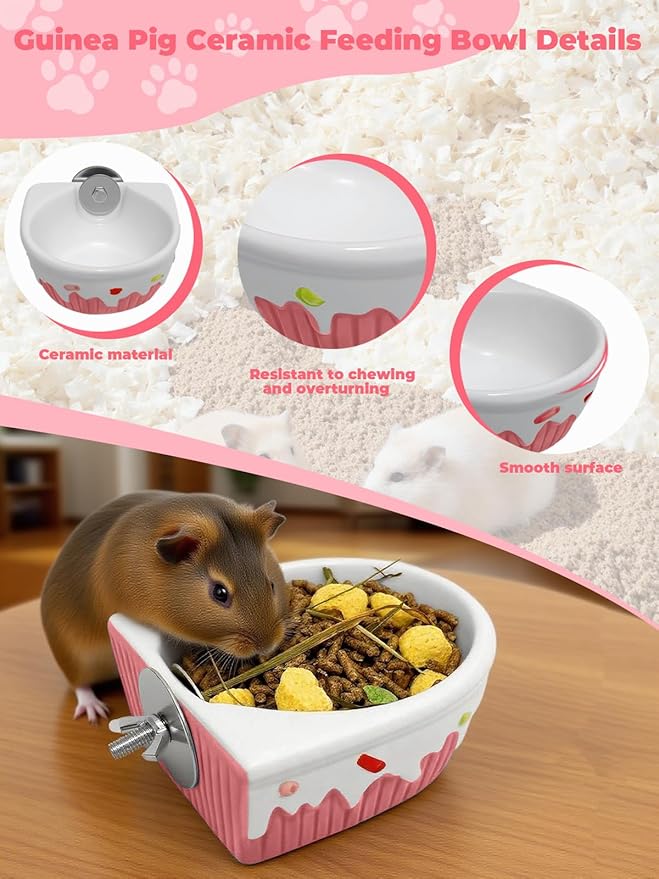 Chinchilla Food Bowl Ceramic Guinea Pig Cage Feeder Hanging Bunny Food Dish Small Animal Feeding Bowls for Syrian Hamster Ferret Gerbils (Pink)