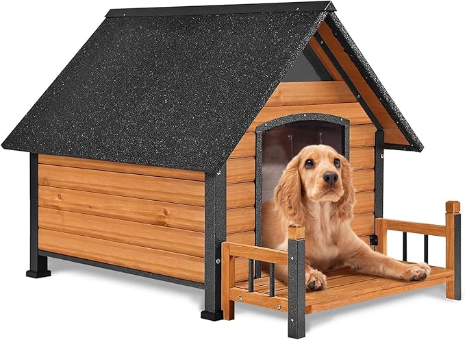 AIVITUVIN Dog House Outdoor Anti-Bite Metal Frame Design Wooden Dog Kennel Outside with Elevated Floor Weatherproof (Brown, 45" D x 32.9" W x 32.6" H)