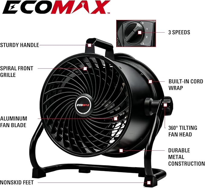 10-Inch High-Velocity Drum Air Circulator Fan, Heavy-Duty Shop Fan with 3-Speed & 360° Tilting Floor Fan for Warehouse, Industrial, Workshop