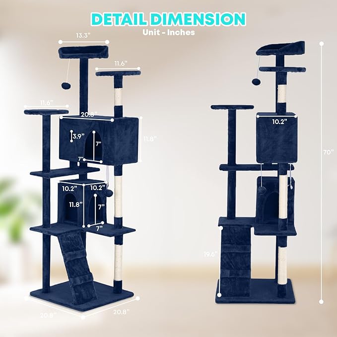 FDW Cat Tree 70in Cat Tower Multi-Level Durable Cat Scratching Post & Cozy Fun Cat Jumping Platform Space Saving Cat Condo Pet Play House for Indoor Cats,Navy Blue