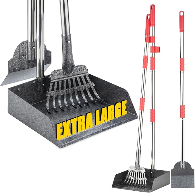 Dog Pooper Scooper Set, Pooper Scooper for Dog, Heavy Duty Stainless Steel Rake with Extra Large Tray & Spade No Bending Clean Up for Pet Waste Removal, for Grass, Dirt Or Gravel.
