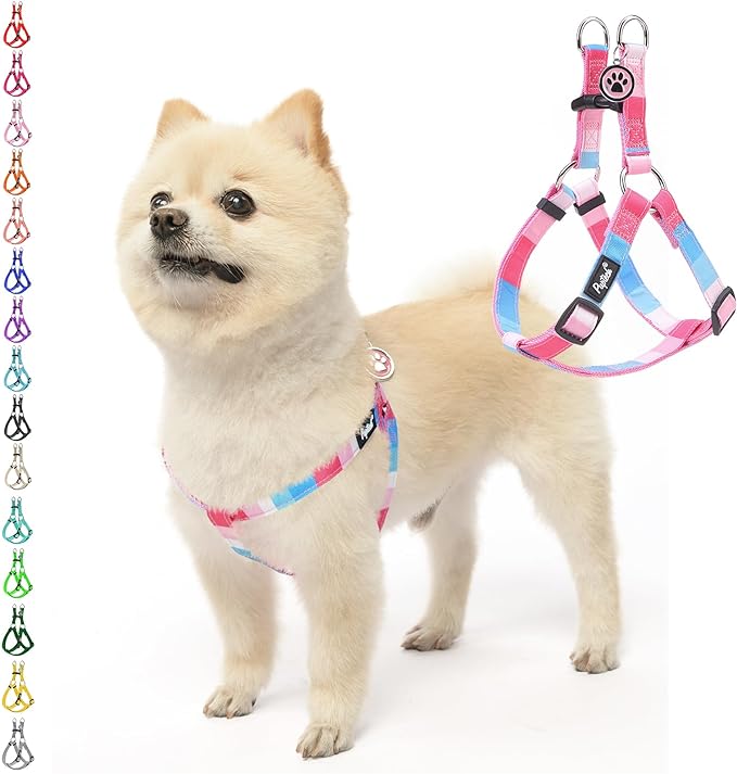 PUPTECK No Pull Dog Harness Soft Adjustable Basic Nylon Step in Puppy Vest Outdoor Walking with ID Tag, Striped Pink, S