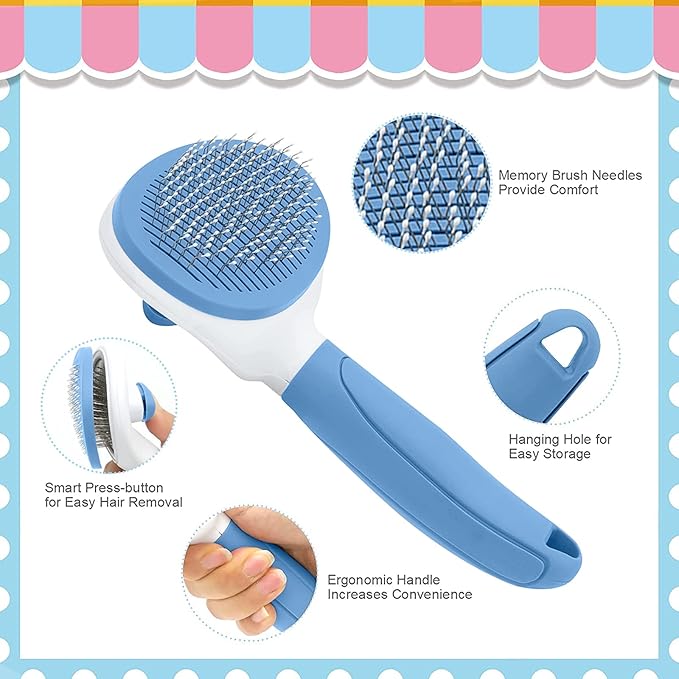 Cat Brush for Shedding and Grooming, Pet Self Cleaning Slicker Brush with Cat Hair Comb by KALAMANDA (Blue)