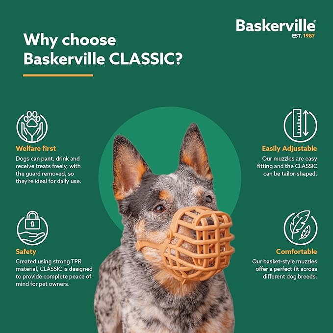 Baskerville Classic Basket Muzzle - Prevents Biting and Food Waste Scavenging, Ideal for Longer Nosed Dogs, Size 3, Length without mesh: 4.5 cm, length with mesh: 3.5 cm, circumference: 20 cm