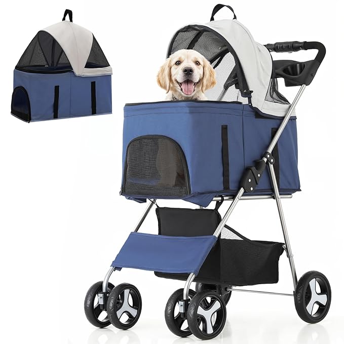 MoNiBloom 3 in 1 Foldable Pet Stroller for Small & Medium Dogs, Detachable Carrier, Car Seat, Push Button Entry, 4-Wheel Jogger for Pets up to 33 lbs, Navy Blue