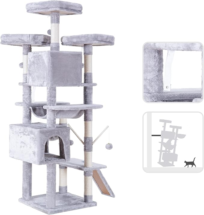 Hey-brother Cat Tree, 71 inches XL Large Cat Tower for Indoor Cats, Multi-Level Cat House with 3 Padded Perches, Big Scratcher, Cozy Basket, 2 Cat Condos and Scratching Posts, Light Gray MPJ034W