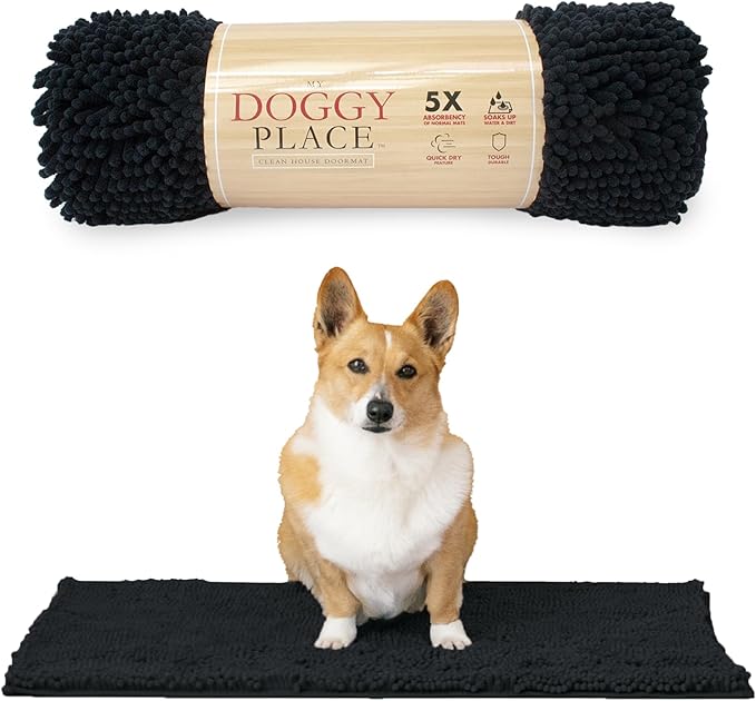 My Doggy Place Microfiber Dog Mat for Muddy Paws, 31" x 20" Black - Absorbent and Quick-Drying Dog Paw Cleaning Mat, Washer and Dryer Safe - Non-Slip Rubber Backed Dog Floor Mat, Medium