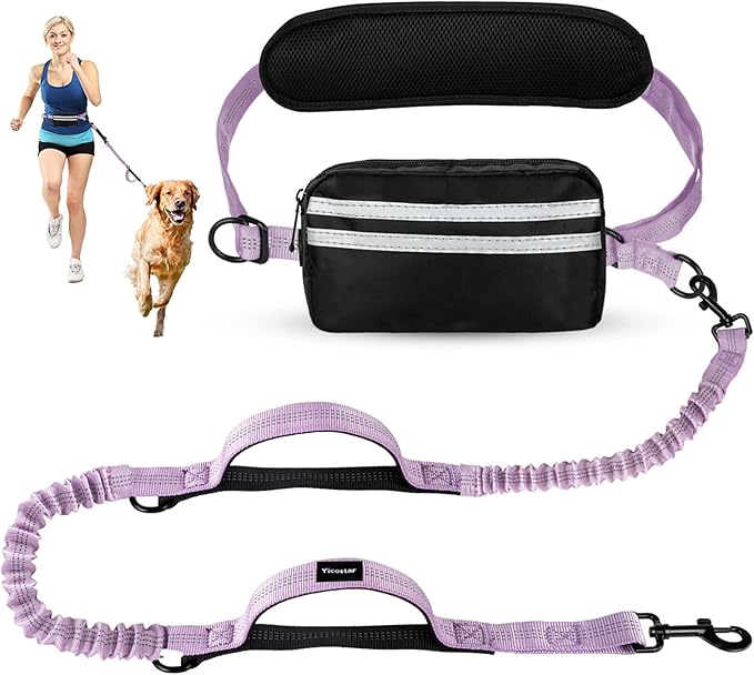 Hands Free Dog Leash, Adjustable Waist Belt with Double Padded Handles,Retractable Bungee, Waist Leash for Dog Walking,Running, No Pull,Purple