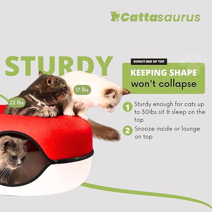 Cattasaurus Peekaboo Cat Cave, Extra Spacious for Multiple & Large Cats 12+ lbs, Scratch Detachable Cat Beds for Indoor Cats, Washable Tunnel Bed, Comfy Cat Donut Tunnel (Ruby Snowball, Jumbo)