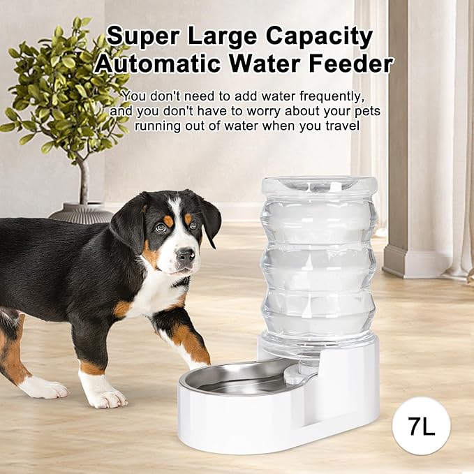 RIZZARI Automatic 7L Pet Waterer,Gravity Stainless Steel Water Dispenser, 100% BPA-Free, Large Capacity Water Feeder for Cats and Medium and Large-Sized Dogs (White,7L)