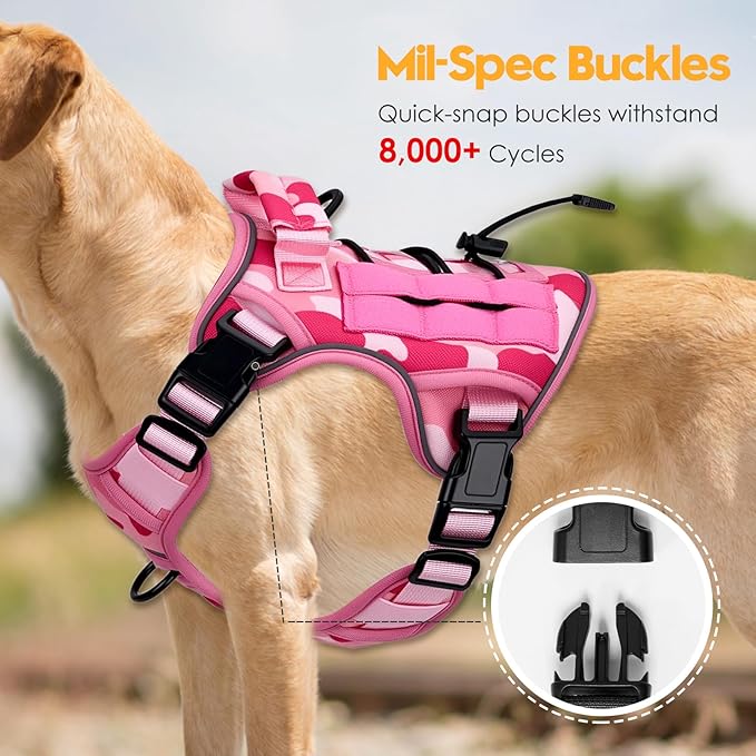 Heavy-Duty Tactical Dog Harness for Large Dogs, No Pull Adjustable Reflective Pet Vest with Molle System, K9 Military-Grade Control for Service Training, Outdoor & 10+ Breeds, Pink Camo, Small