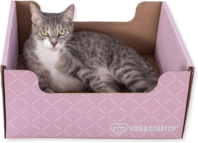 HIDE & SCRATCH Cat Scratcher Box and Cat Bed with Refillable Double-Sided Cardboard Scratch Pad for Indoor Cats