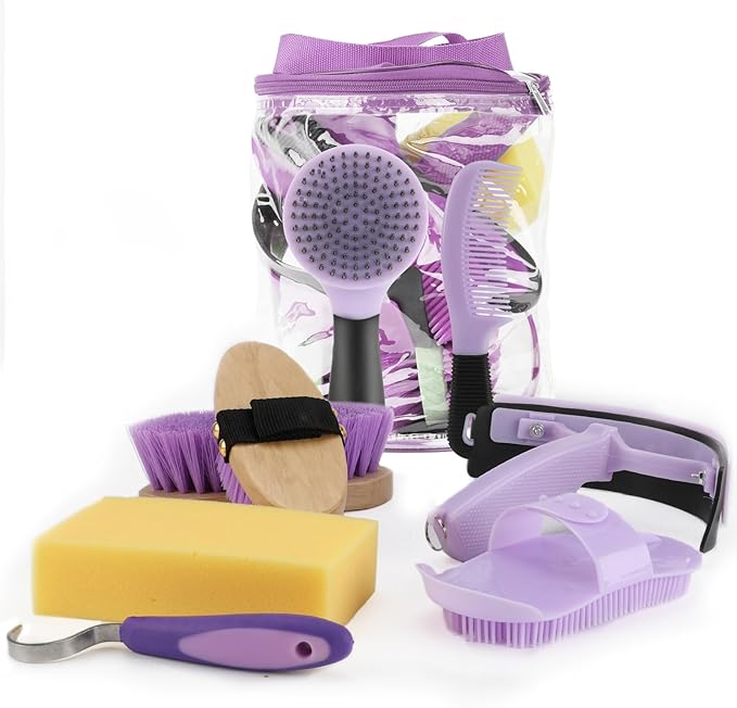 9 Pieces Grooming Kit with Tote Bag, Sweat Scraper, Sponge, Hoof Pick, Curry Comb for Horse Riders Beginners (Purple)