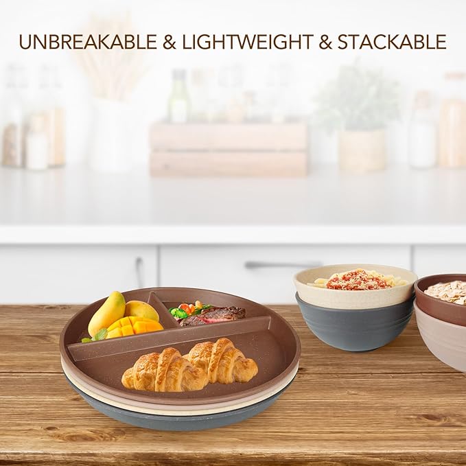 greenandlife 9 Inch 4PCS Unbreakable Portion Control Plates, Divided Plates for Kids Adults, Dishwasher & Microwave Safe Compartment Plate, Lightweight Reusable Wheat Straw Plate, BPA Free